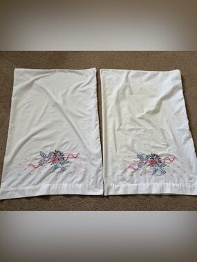 Bucilla White Pillowcases with Pink Ribbon & Multicolor Floral Embroidery - pair